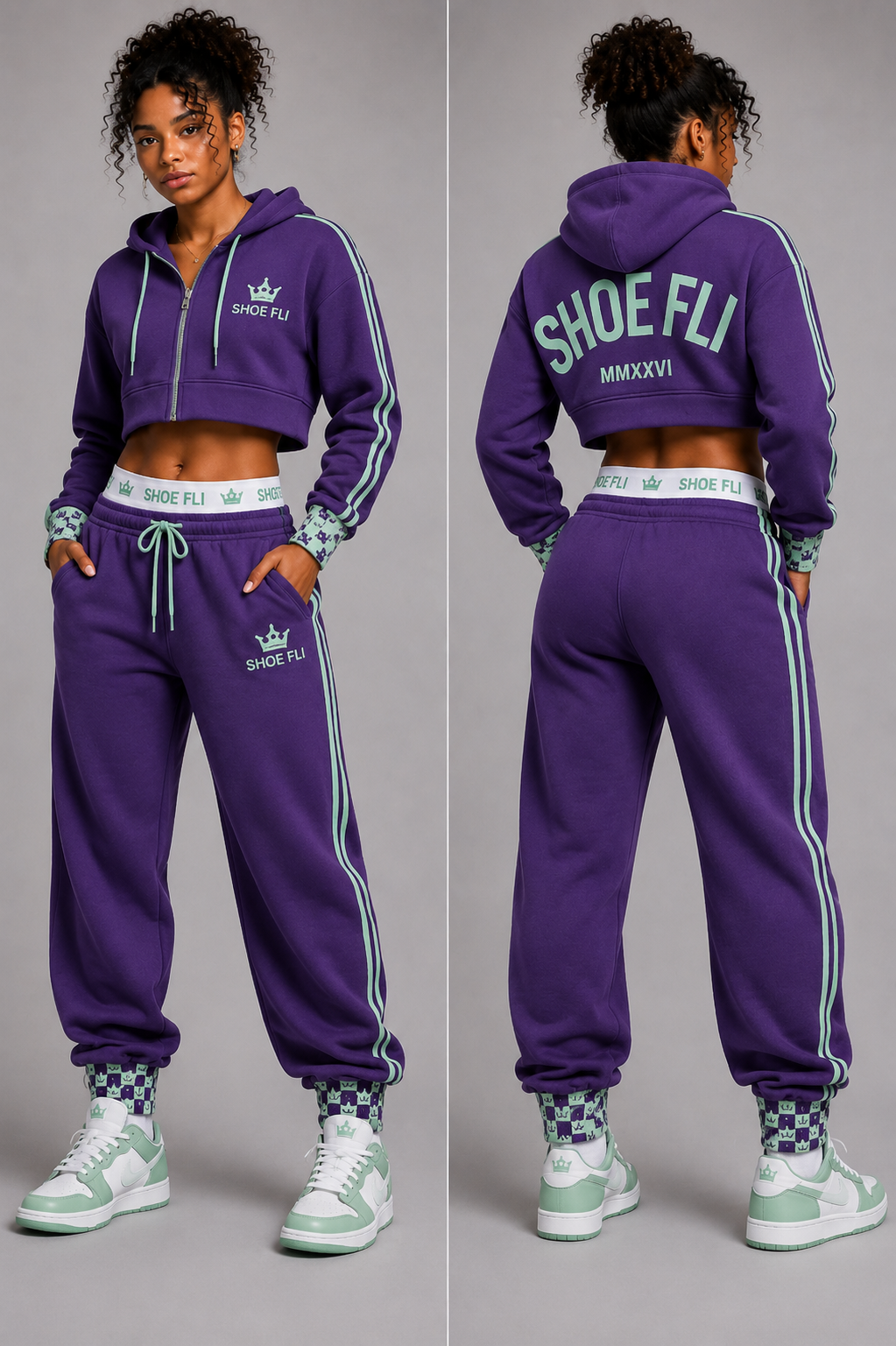 Shoe Fli Women's Heavyweight Tracksuit in deep purple and mint sage, front and back views