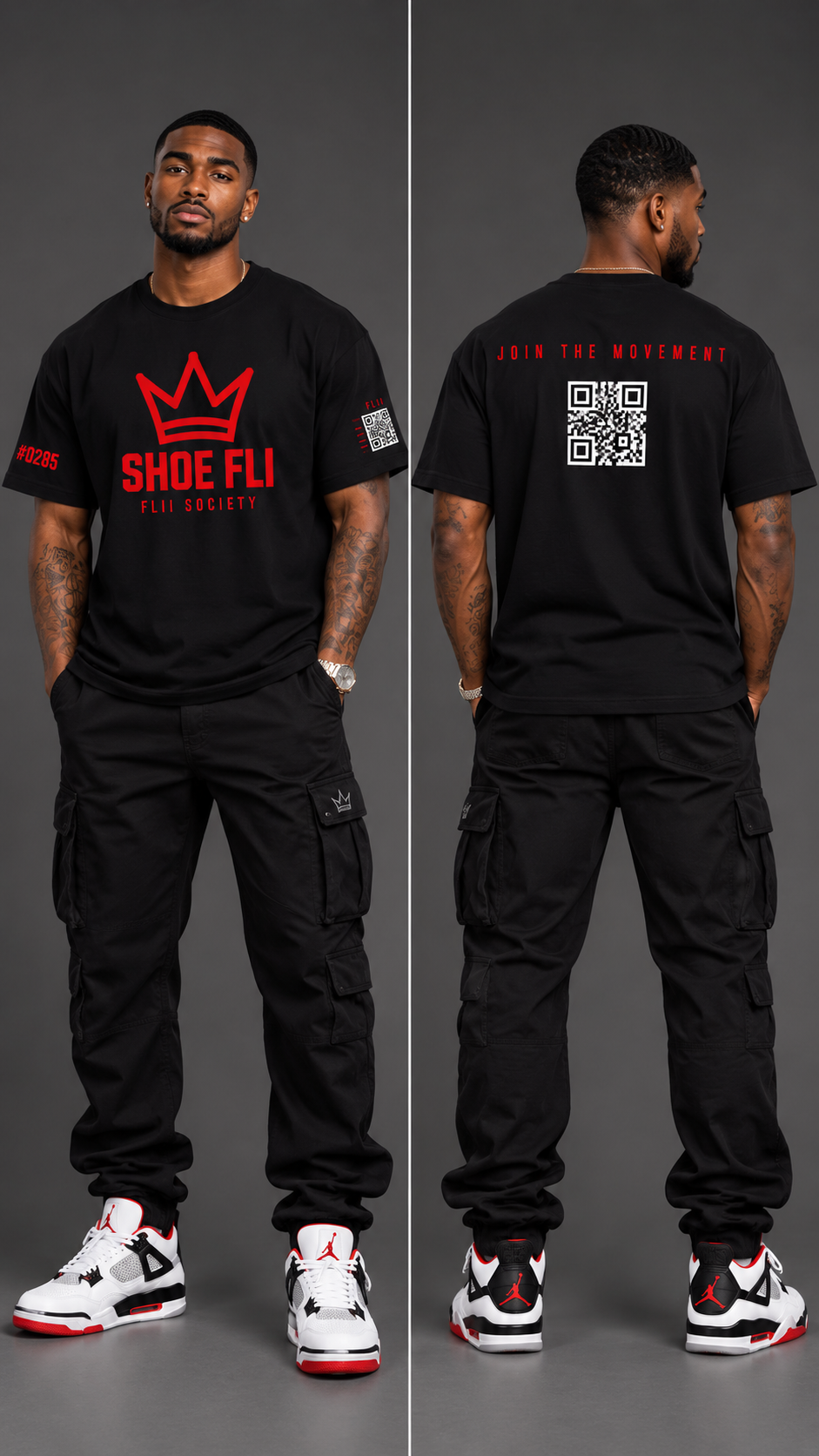 Shoe Fli Movement Tee worn by male model, front and back views