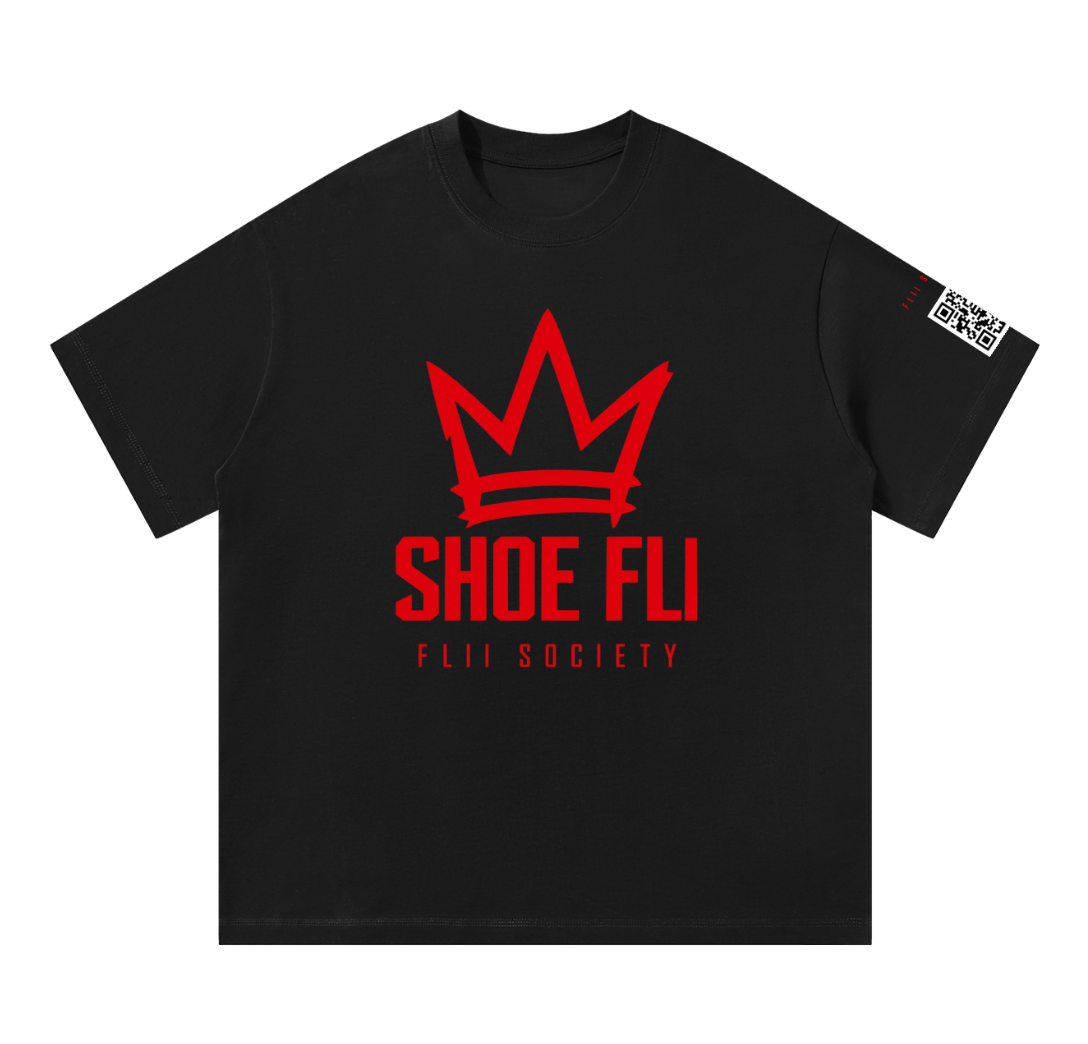 Shoe Fli Movement Tee front product view with FLII SOCIETY branding and sleeve QR code