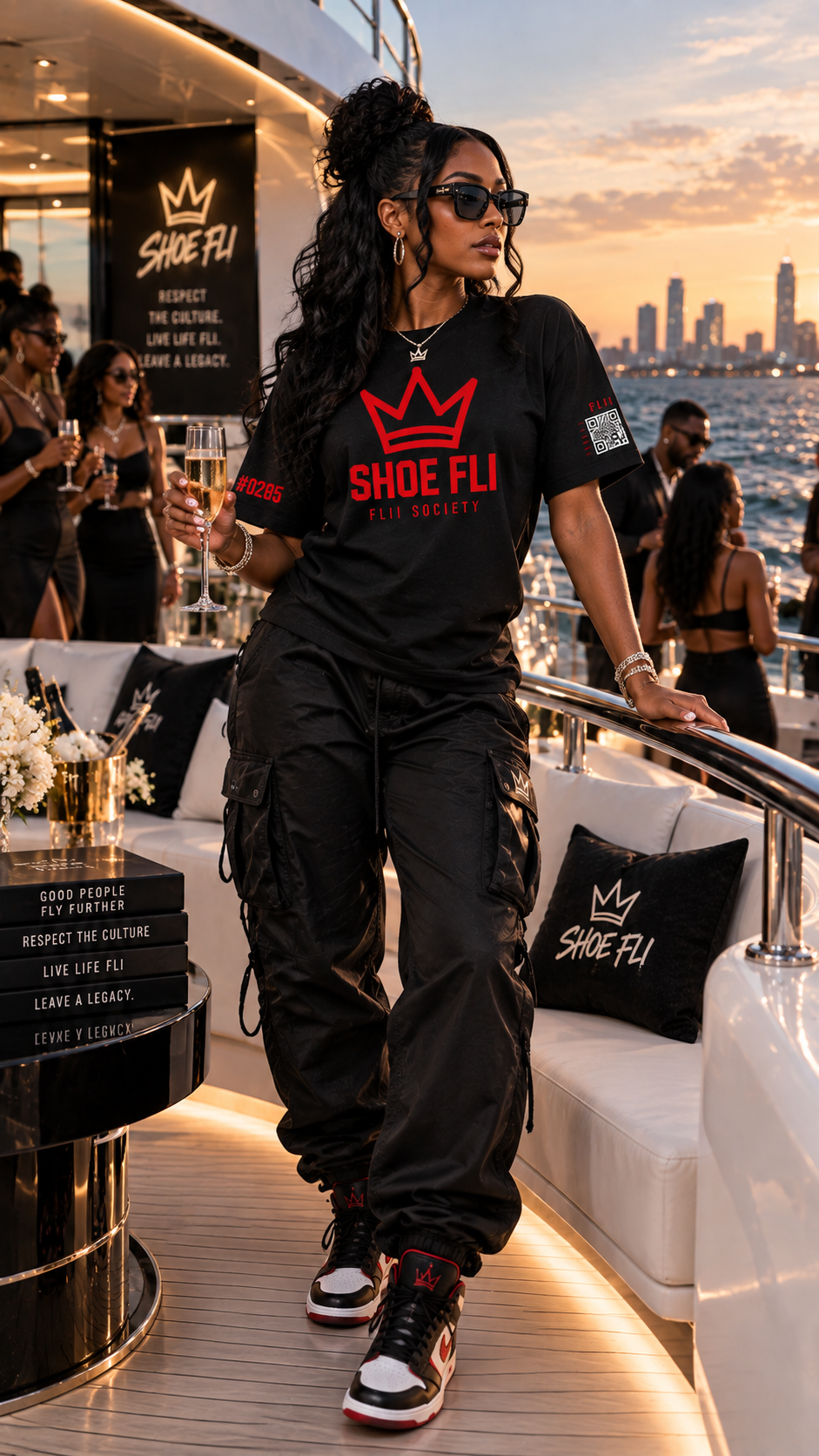 Female model wearing the Shoe Fli Movement Tee at a luxury yacht party